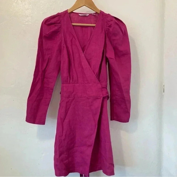 Country Road Magenta Pink Linen Long Sleeve Wrap Mini Dress Size 4 - Picture 2 of 9